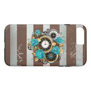 Steampunk Clock and Turquoise Roses on Striped iPhone 8 Plus/7 Plus Case