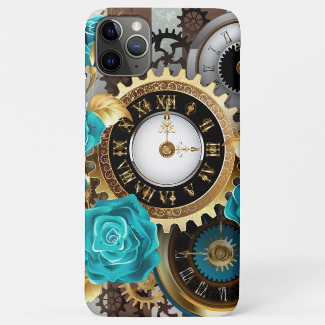 Steampunk Clock and Turquoise Roses on Striped Case-Mate iPhone Case (Back)