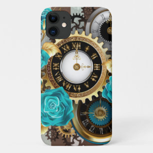 Steampunk Clock and Turquoise Roses on Striped iPhone 11 Case