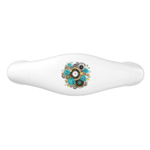 Steampunk Clock and Turquoise Roses on Striped Ceramic Drawer Pull