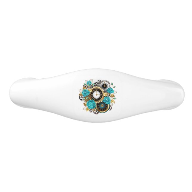 Steampunk Clock and Turquoise Roses on Striped Ceramic Drawer Pull (Front)