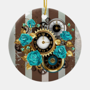Steampunk Clock and Turquoise Roses on Striped Ceramic Tree Decoration