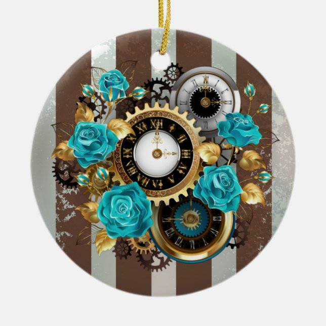 Steampunk Clock and Turquoise Roses on Striped Ceramic Tree Decoration (Front)