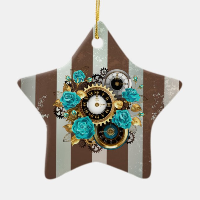 Steampunk Clock and Turquoise Roses on Striped Ceramic Tree Decoration (Front)