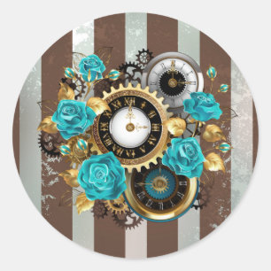 Steampunk Clock and Turquoise Roses on Striped Classic Round Sticker