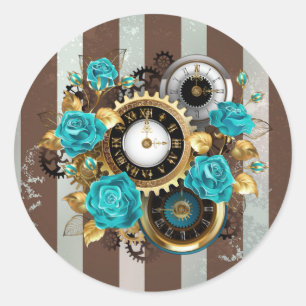 Steampunk Clock and Turquoise Roses on Striped Classic Round Sticker