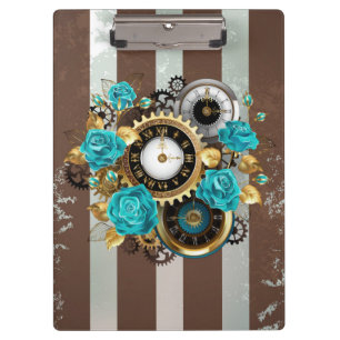Steampunk Clock and Turquoise Roses on Striped Clipboard