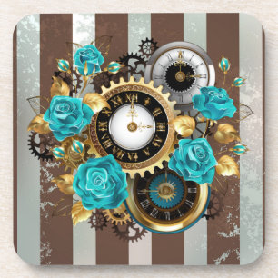 Steampunk Clock and Turquoise Roses on Striped Coaster