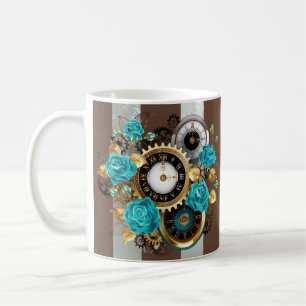 Steampunk Clock and Turquoise Roses on Striped Coffee Mug