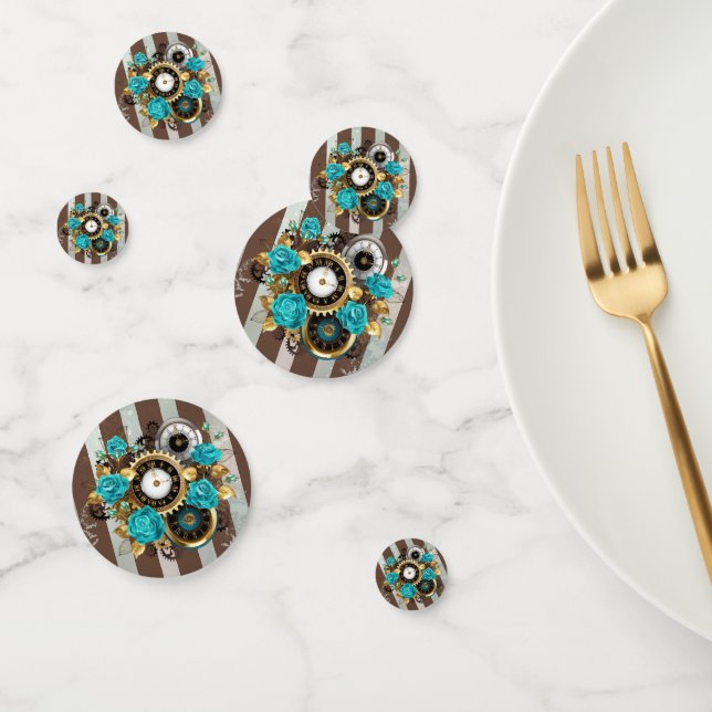 Steampunk Clock and Turquoise Roses on Striped Confetti (Group)