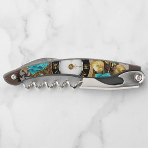 Steampunk Clock and Turquoise Roses on Striped Corkscrew