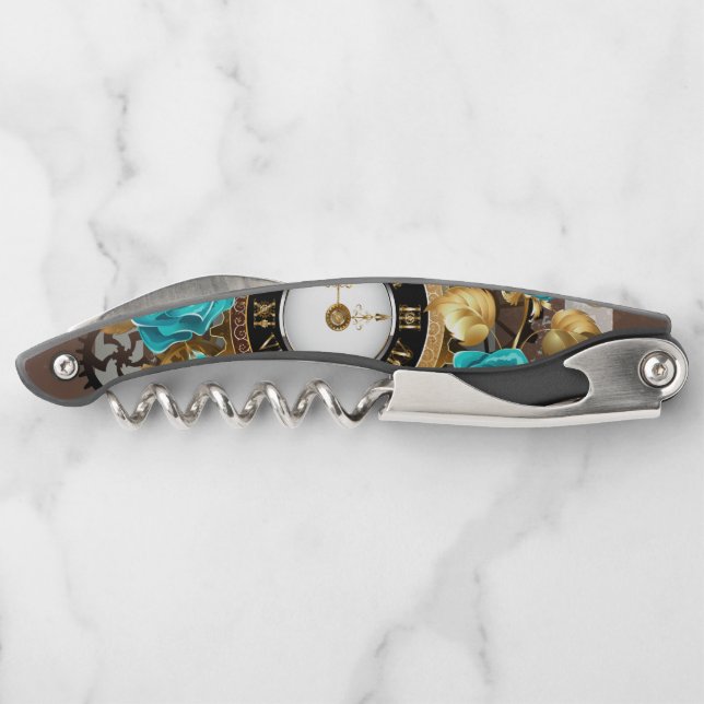 Steampunk Clock and Turquoise Roses on Striped Corkscrew (Back)