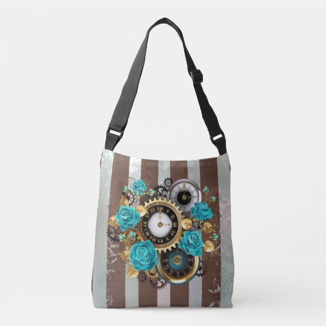 Steampunk Clock and Turquoise Roses on Striped Crossbody Bag (Front)