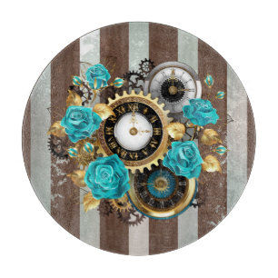 Steampunk Clock and Turquoise Roses on Striped Cutting Board