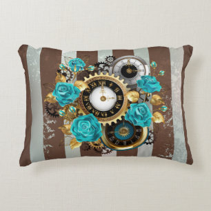 Steampunk Clock and Turquoise Roses on Striped Decorative Cushion