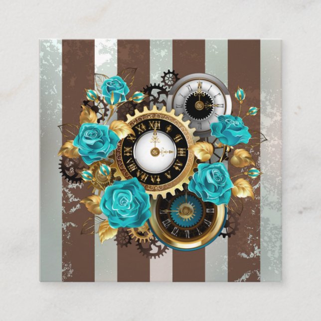 Steampunk Clock and Turquoise Roses on Striped Discount Card (Front)