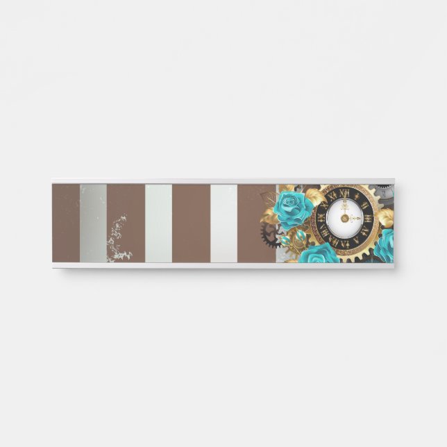 Steampunk Clock and Turquoise Roses on Striped Door Sign (Front)