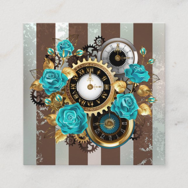 Steampunk Clock and Turquoise Roses on Striped Enclosure Card (Front)