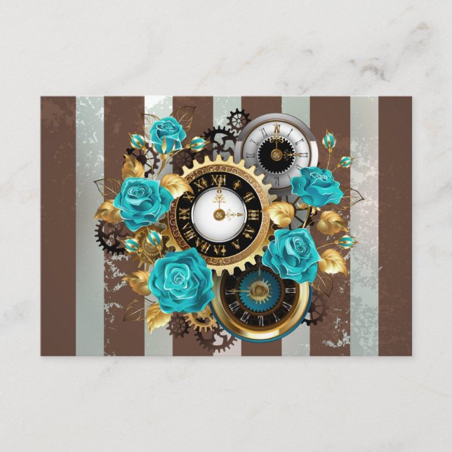 Steampunk Clock and Turquoise Roses on Striped Enclosure Card (Front)