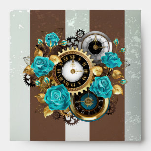Steampunk Clock and Turquoise Roses on Striped Envelope