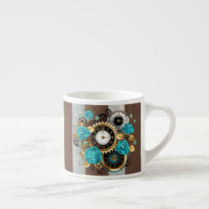 Steampunk Clock and Turquoise Roses on Striped Espresso Cup