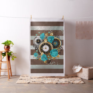 Steampunk Clock and Turquoise Roses on Striped Fabric