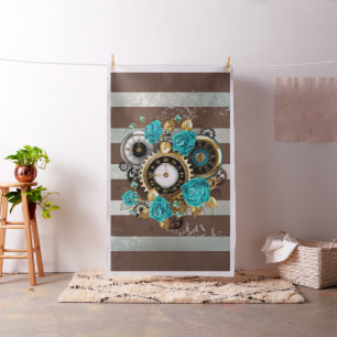 Steampunk Clock and Turquoise Roses on Striped Fabric