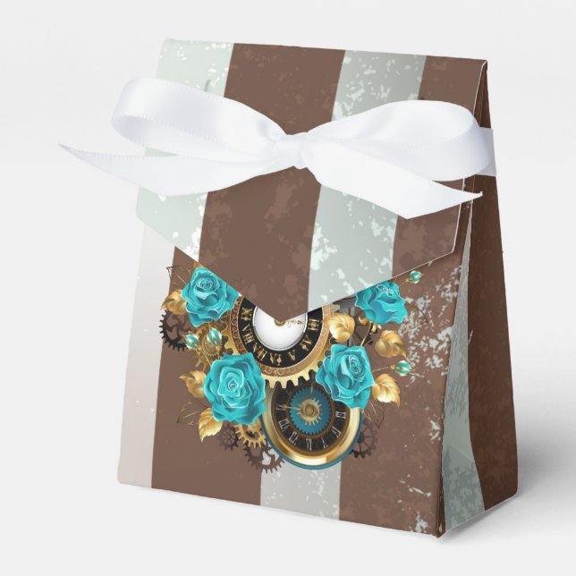 Steampunk Clock and Turquoise Roses on Striped Favour Box (Front Side)