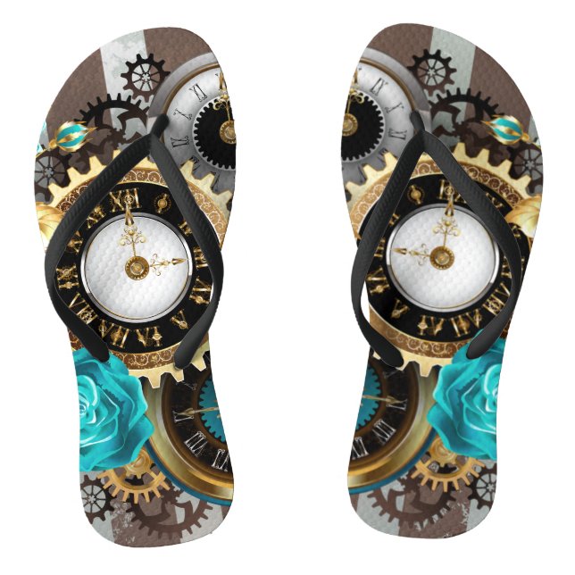 Steampunk Clock and Turquoise Roses on Striped Flip Flops (Footbed)