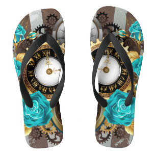 Steampunk Clock and Turquoise Roses on Striped Flip Flops