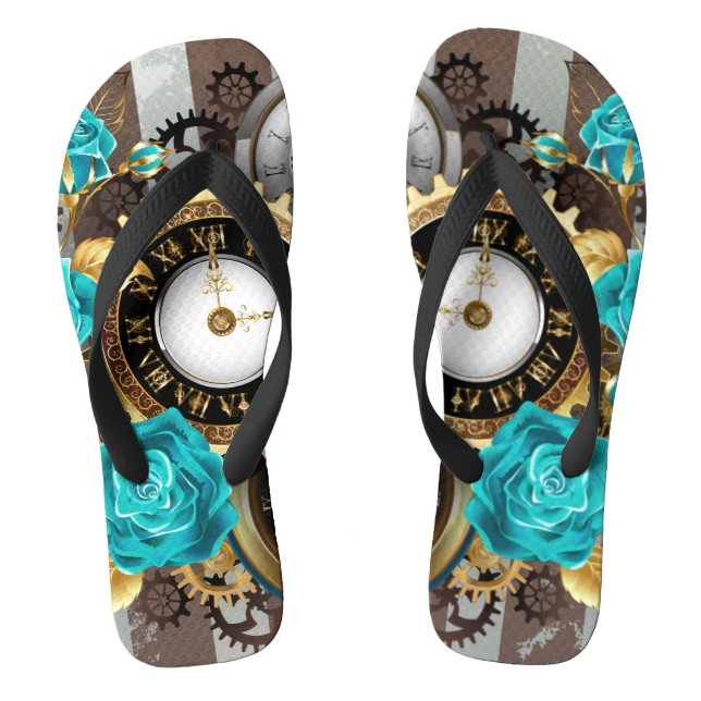 Steampunk Clock and Turquoise Roses on Striped Flip Flops (Footbed)