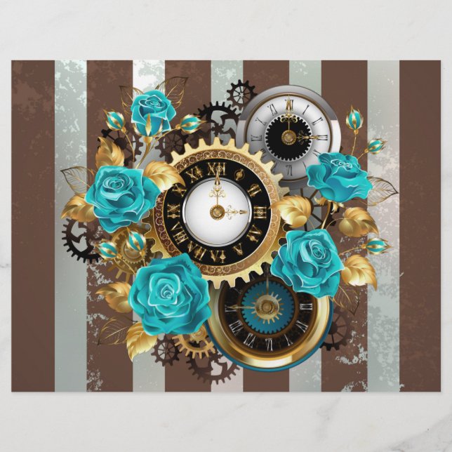 Steampunk Clock and Turquoise Roses on Striped Flyer (Front)