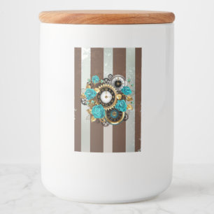 Steampunk Clock and Turquoise Roses on Striped Food Label