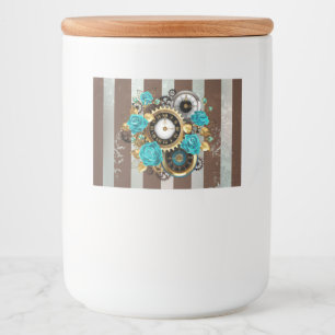 Steampunk Clock and Turquoise Roses on Striped Food Label