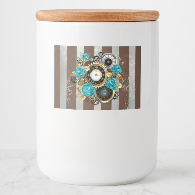 Steampunk Clock and Turquoise Roses on Striped Food Label (Front)