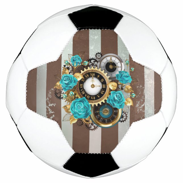Steampunk Clock and Turquoise Roses on Striped Football (Front)