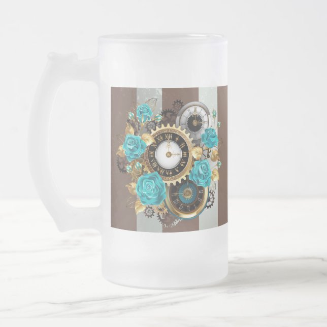 Steampunk Clock and Turquoise Roses on Striped Frosted Glass Beer Mug (Left)