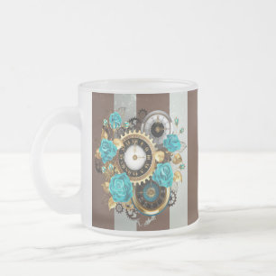 Steampunk Clock and Turquoise Roses on Striped Frosted Glass Coffee Mug