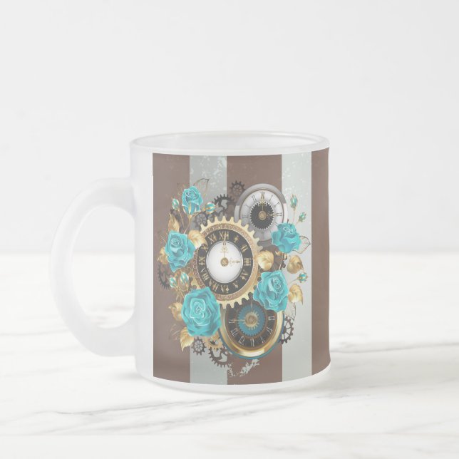 Steampunk Clock and Turquoise Roses on Striped Frosted Glass Coffee Mug (Left)