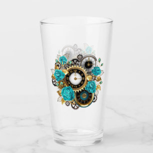Steampunk Clock and Turquoise Roses on Striped Glass