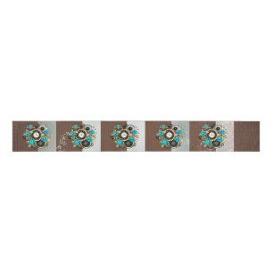 Steampunk Clock and Turquoise Roses on Striped Grosgrain Ribbon
