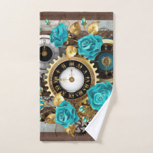Steampunk Clock and Turquoise Roses on Striped Hand Towel