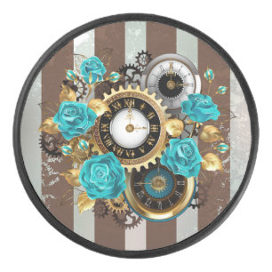 Steampunk Clock and Turquoise Roses on Striped Hockey Puck