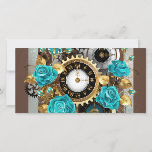 Steampunk Clock and Turquoise Roses on Striped Holiday Card