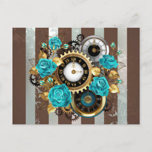 Steampunk Clock and Turquoise Roses on Striped Holiday Postcard