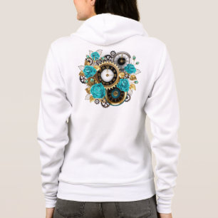 Steampunk Clock and Turquoise Roses on Striped Hoodie