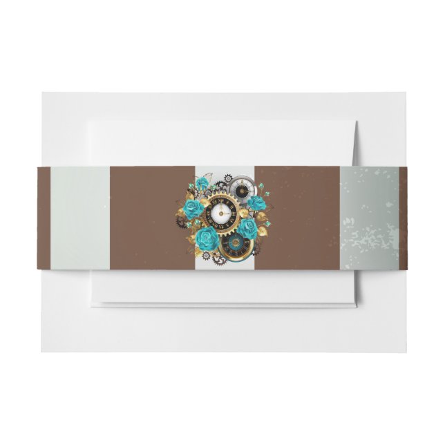 Steampunk Clock and Turquoise Roses on Striped Invitation Belly Band (Front Example)