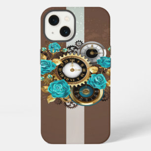 Steampunk Clock and Turquoise Roses on Striped iPhone 13 Case