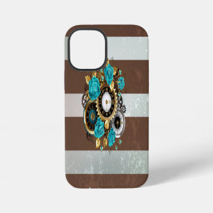 Steampunk Clock and Turquoise Roses on Striped iPhone 12 Mini Case