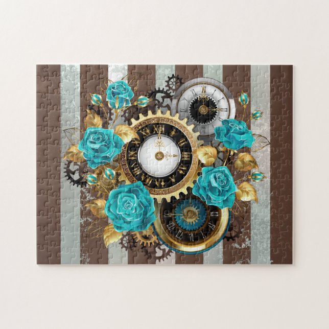 Steampunk Clock and Turquoise Roses on Striped Jigsaw Puzzle (Horizontal)